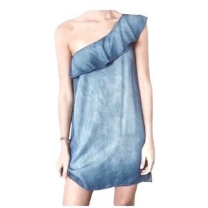 Anthropologie Cloth & Stone Chambray Denim Ruffle One Shoulder Mini Dress Medium